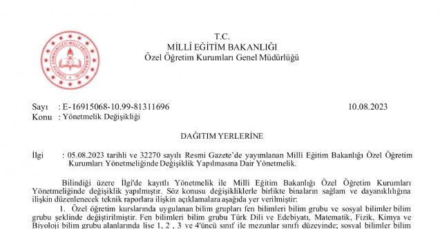 MEB'den Yönetmelik Değişikliği Yazısı