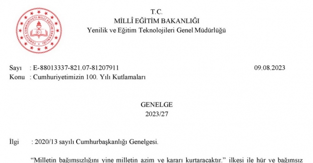 MEB'den Cumhuriyetimizin 100. Yılı Kutlamaları Konulu Genelge