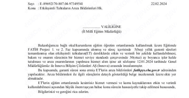 Akıllı Tahtaların Arıza Bildirimleri Hakkında MEB'den Resmi Yazı