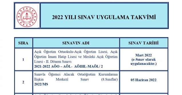 MEB 2022 Sınav Uygulama Takvimi Belli Oldu